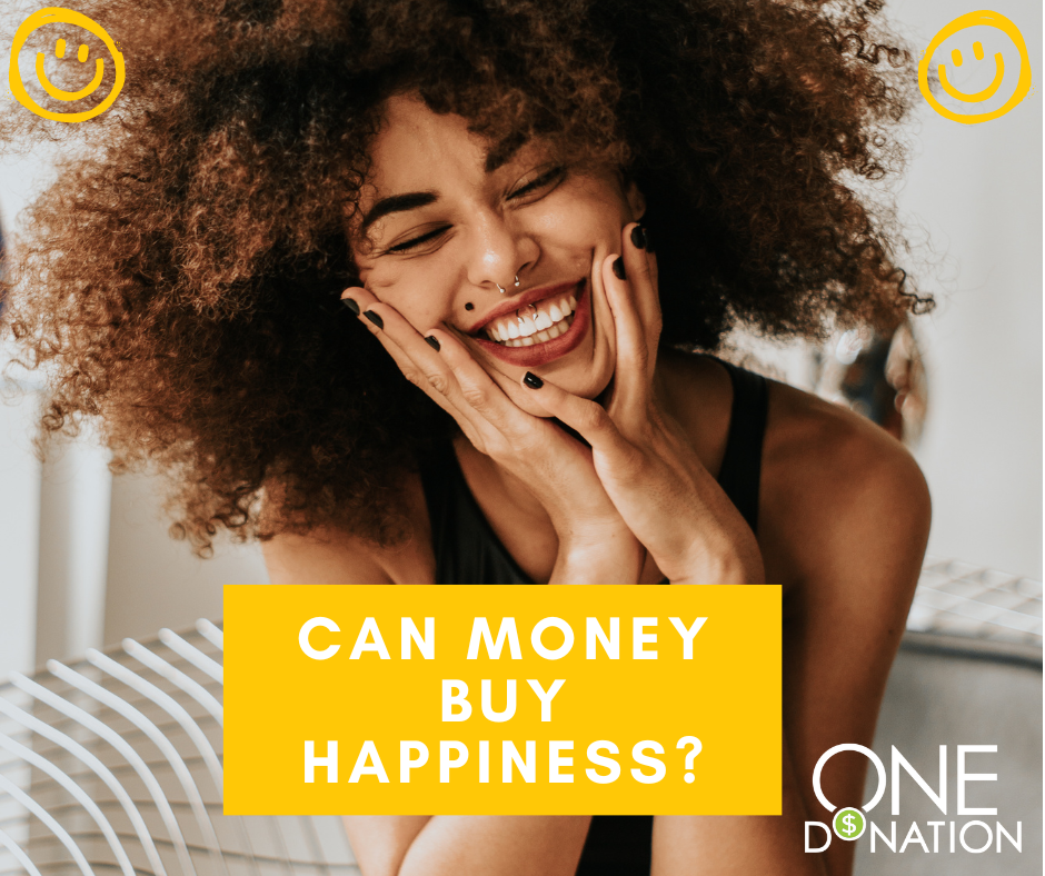 Smiling girl with caption:  Can money buy happiness?